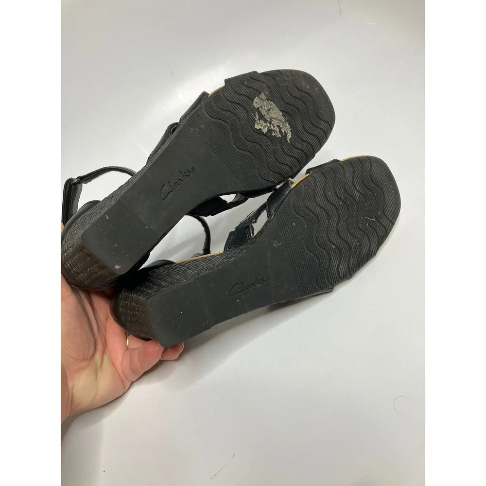 Clarks Collection Wedge Sandals Womens 6.5 Black Excellent Strappy Ankle Strap